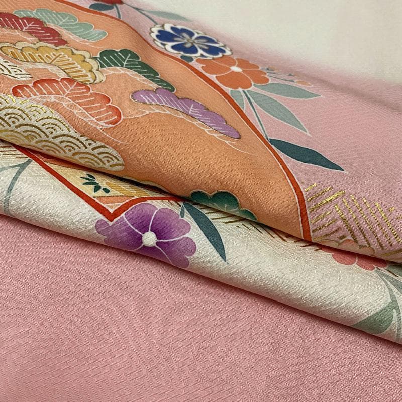 505ag10◎七五三 七歳 女児 着物&袋帯&長襦袢 金駒刺繍 金彩 扇 桜◎