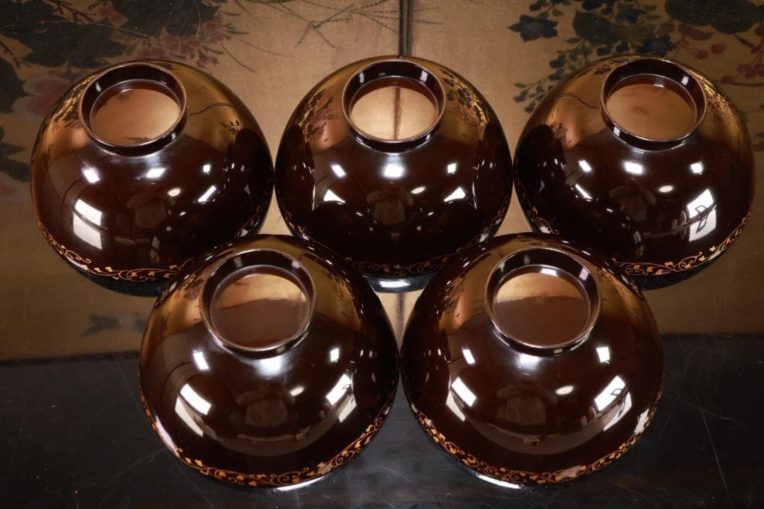 BK425　時代輪島塗　図替り　貝尽くし図金蒔絵　吸物椀　五客　木製 懐石 菓子