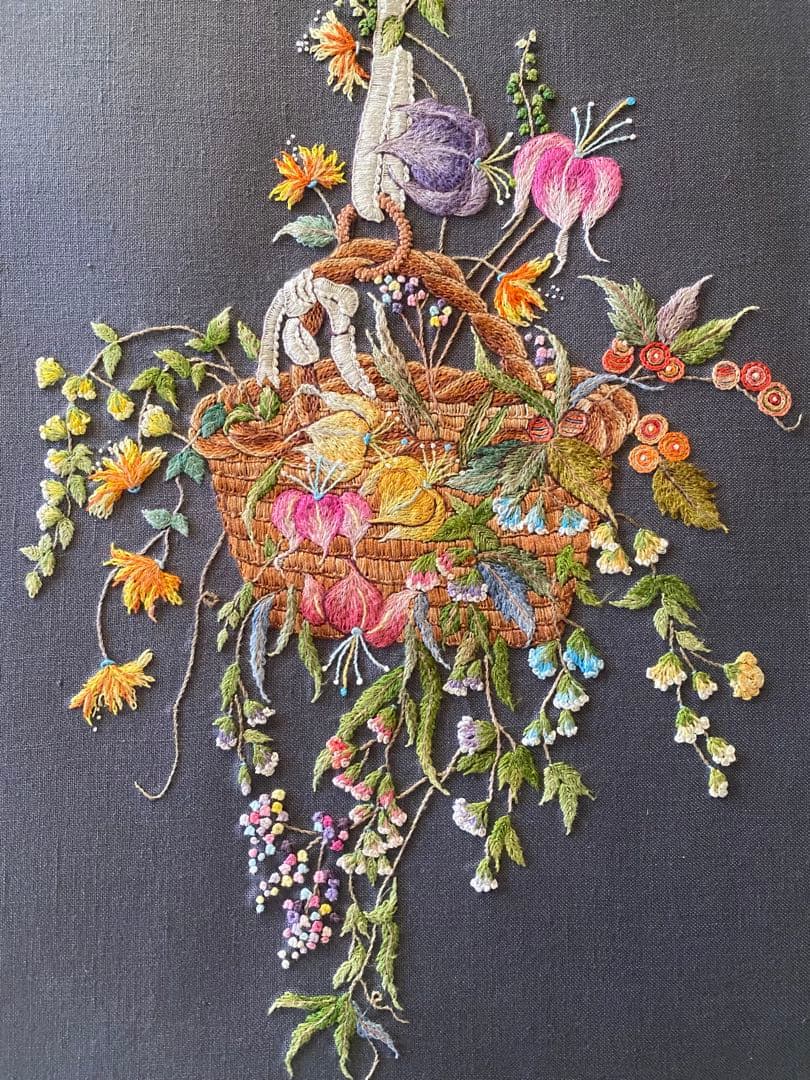 未使用【戸塚刺繍】お花のバスケット 額 84cm×43.5cm