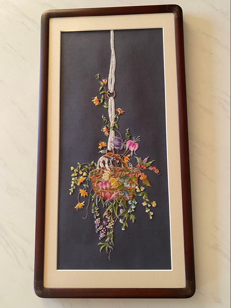 未使用【戸塚刺繍】お花のバスケット 額 84cm×43.5cm