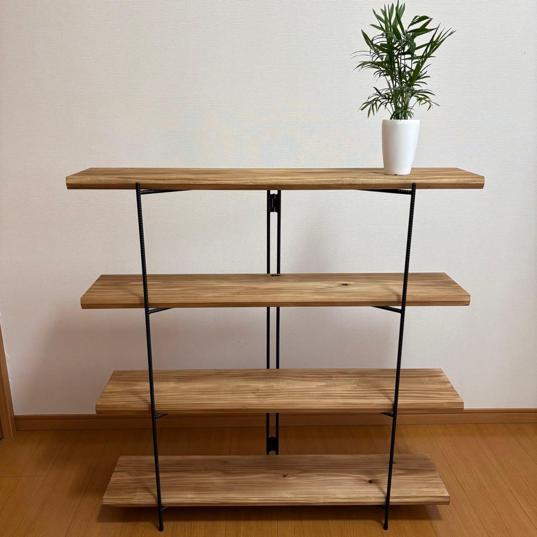 無垢板のオープンシェルフ　折り畳みラック　アイアンラック　什器　棚　幅1000