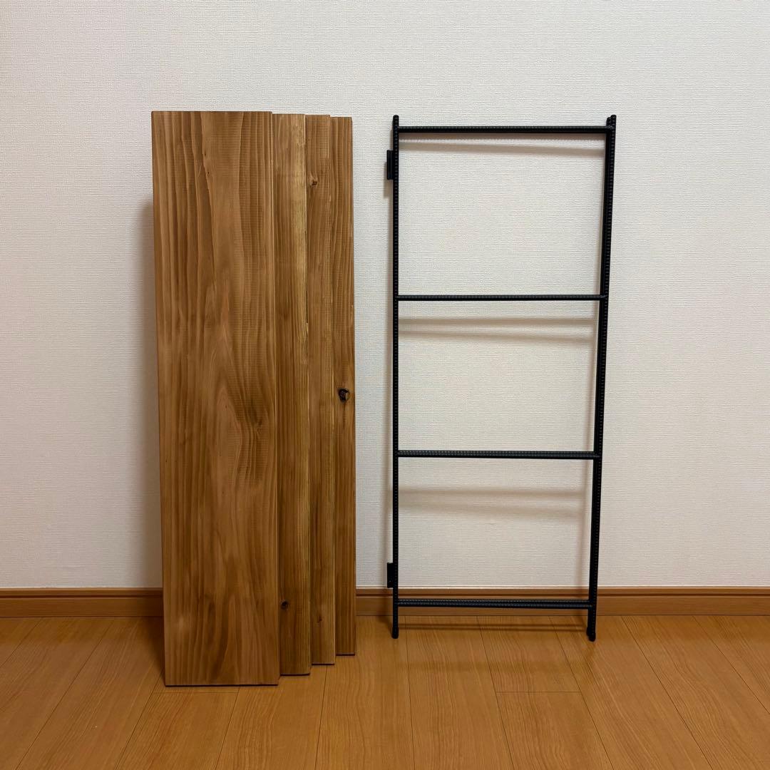 無垢板のオープンシェルフ　折り畳みラック　アイアンラック　什器　棚　幅1000