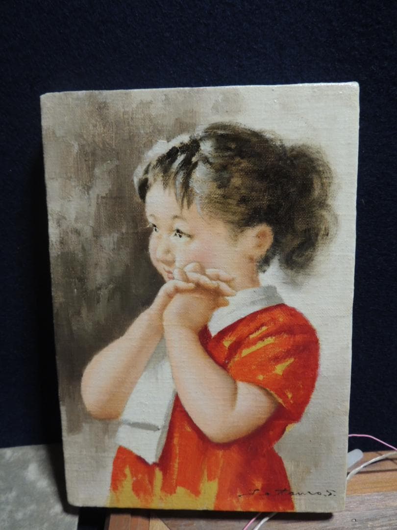 額装、油絵「純真」菅鉄郎、＞秋田県、多摩美大、少女、肖像画、昭和