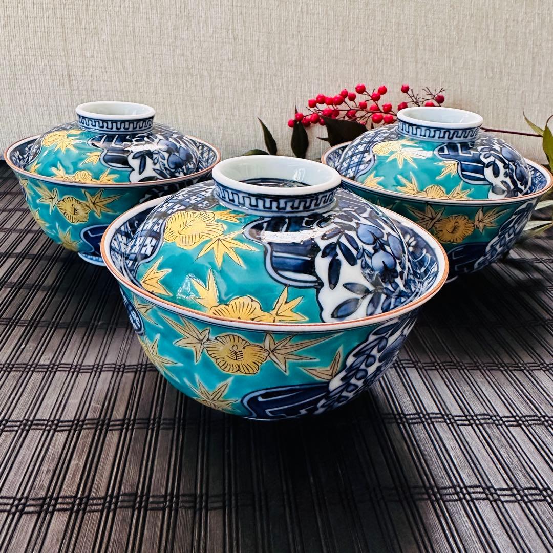 【希少・未使用品】三川内焼 平戸松山 手描き 祥瑞蓋付 小丼碗 蓋付煮物碗 五客