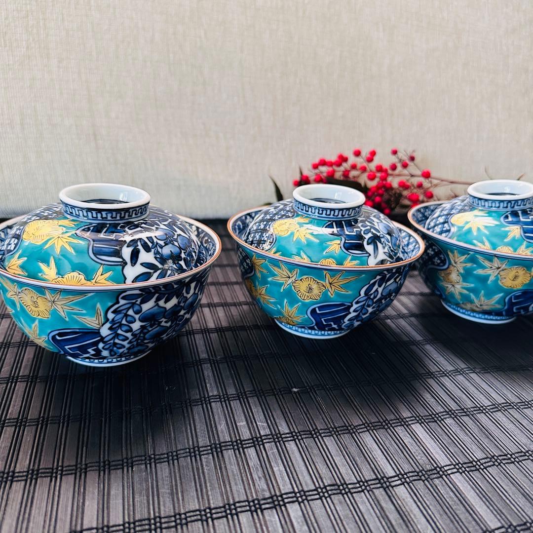 【希少・未使用品】三川内焼 平戸松山 手描き 祥瑞蓋付 小丼碗 蓋付煮物碗 五客