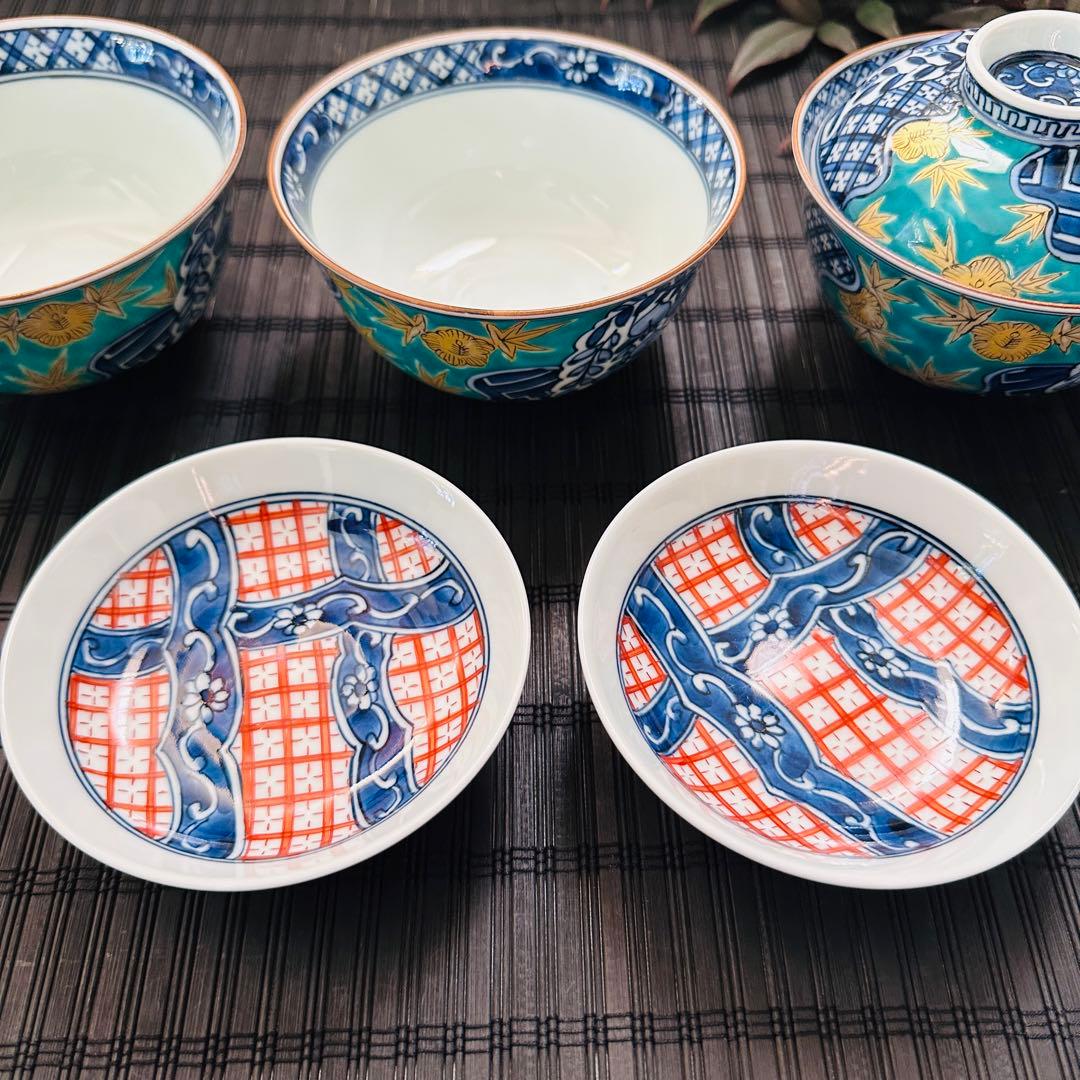 【希少・未使用品】三川内焼 平戸松山 手描き 祥瑞蓋付 小丼碗 蓋付煮物碗 五客