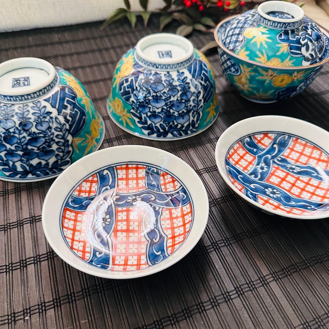 【希少・未使用品】三川内焼 平戸松山 手描き 祥瑞蓋付 小丼碗 蓋付煮物碗 五客