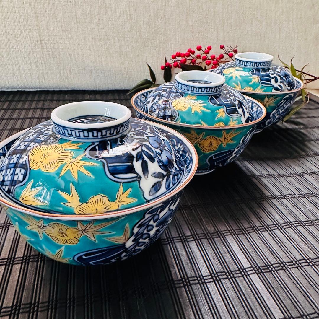 【希少・未使用品】三川内焼 平戸松山 手描き 祥瑞蓋付 小丼碗 蓋付煮物碗 五客