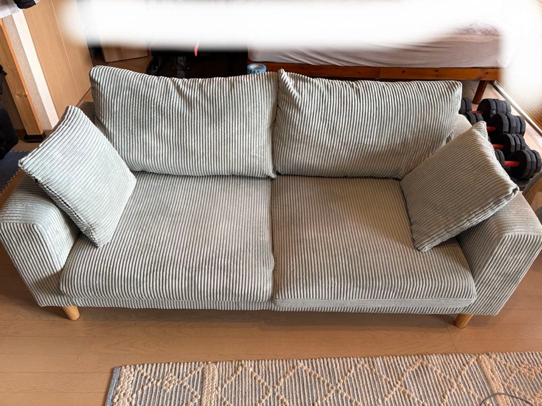 西海岸、北欧、南国、ハワイ系2人、3人掛けコーデュロイソファ希少水色　定価12万