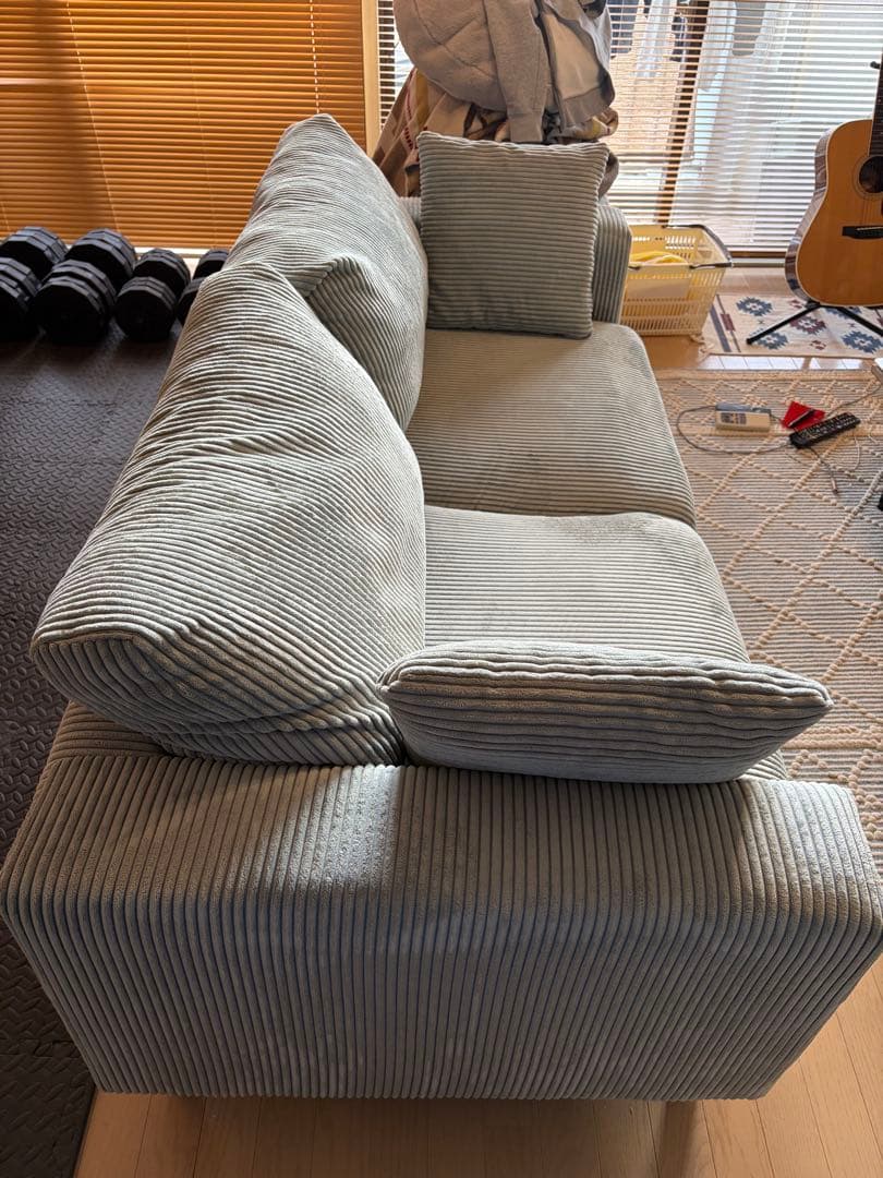 西海岸、北欧、南国、ハワイ系2人、3人掛けコーデュロイソファ希少水色　定価12万