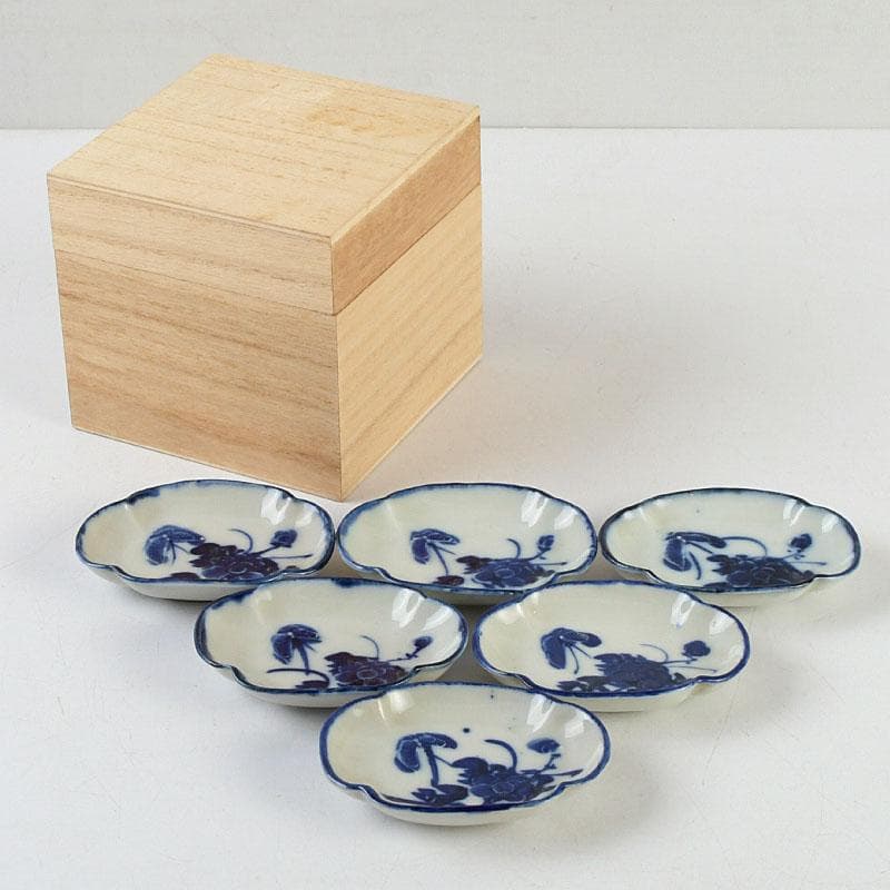 和食器　茶懐石　染付　花蝶文　手塩皿　六客　在銘　時代箱　V　9355