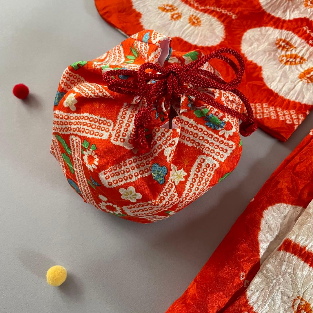 七五三　3歳　正絹総絞りのお着物セット　オレンジちりめん被布