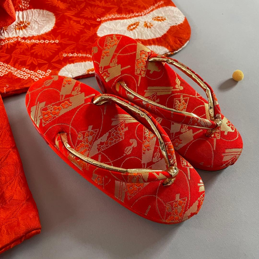 七五三　3歳　正絹総絞りのお着物セット　オレンジちりめん被布