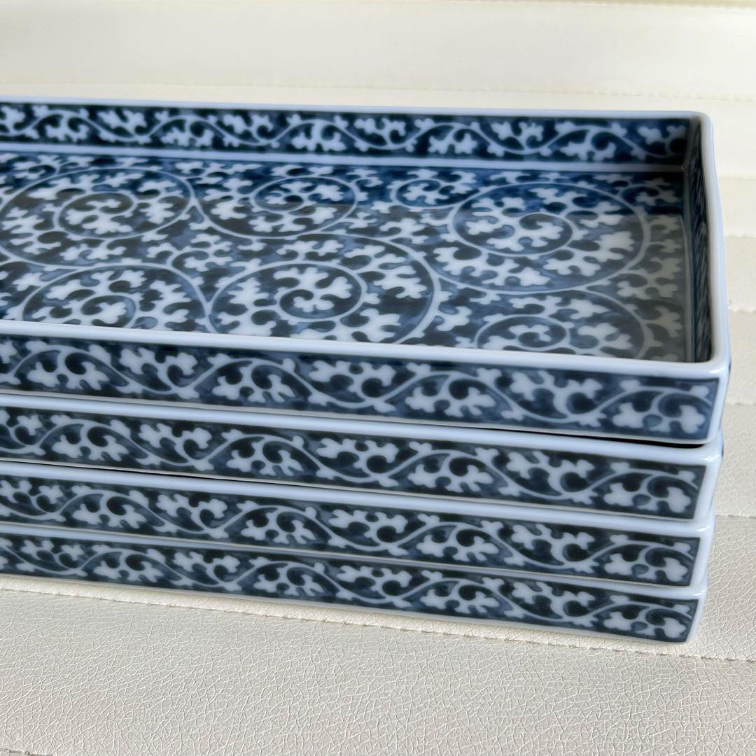 第一陶器　翔山窯　染付蛸唐草　長角皿　4枚セット　長皿　和皿　中皿　焼物皿揃