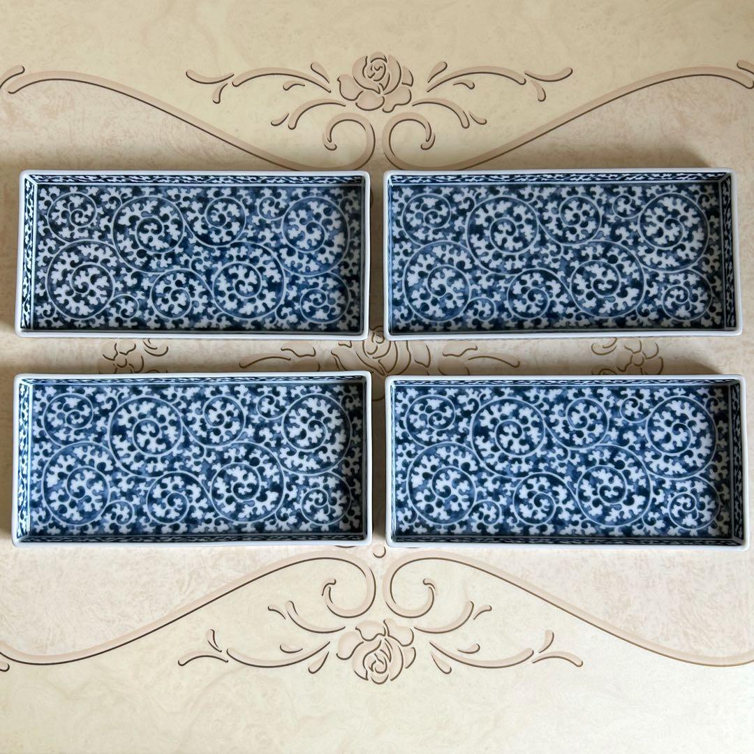 第一陶器　翔山窯　染付蛸唐草　長角皿　4枚セット　長皿　和皿　中皿　焼物皿揃