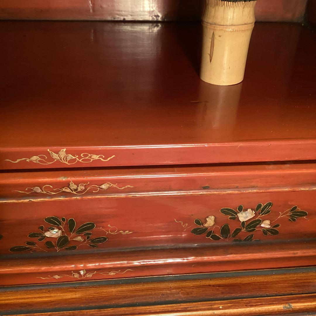 煎茶道具　唐物　木製漆　器局　茶箪笥　螺鈿　山水、梅に山茶花蒔絵