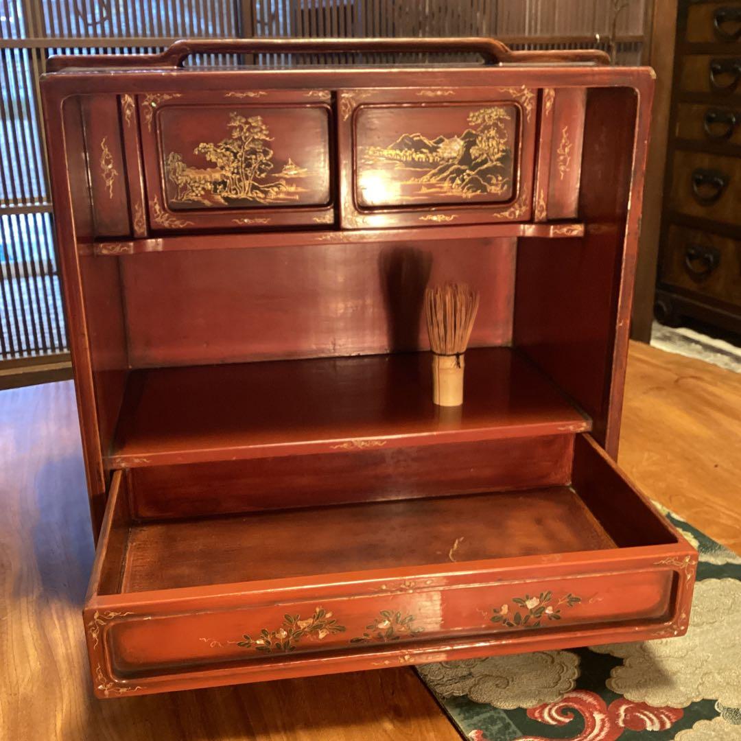 煎茶道具　唐物　木製漆　器局　茶箪笥　螺鈿　山水、梅に山茶花蒔絵