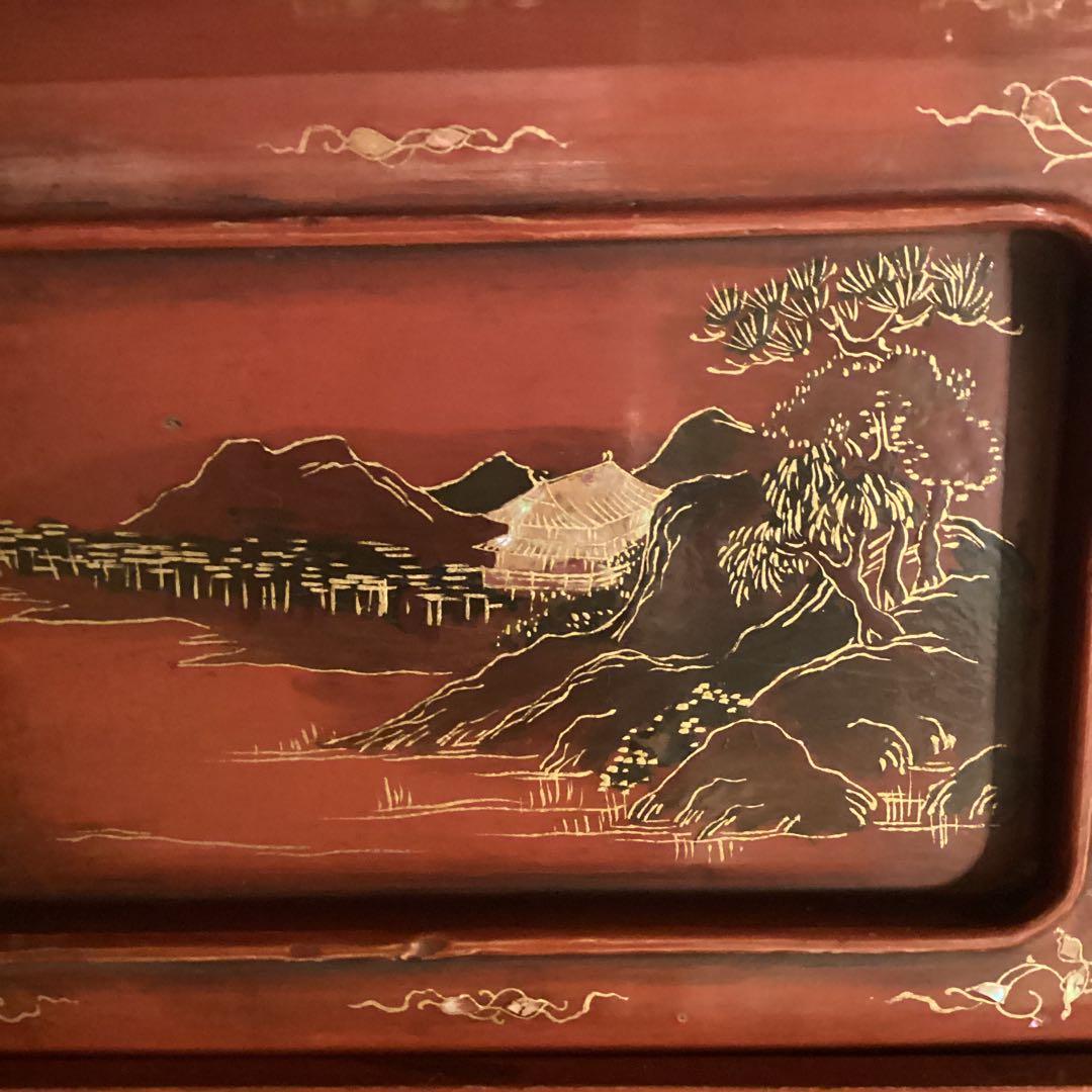 煎茶道具　唐物　木製漆　器局　茶箪笥　螺鈿　山水、梅に山茶花蒔絵