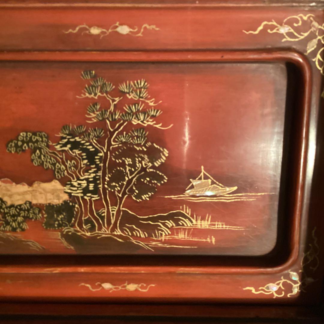 煎茶道具　唐物　木製漆　器局　茶箪笥　螺鈿　山水、梅に山茶花蒔絵