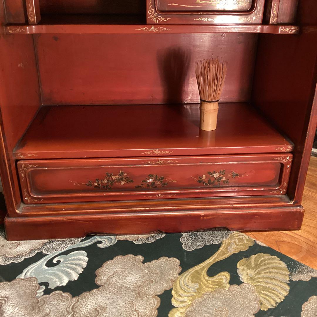 煎茶道具　唐物　木製漆　器局　茶箪笥　螺鈿　山水、梅に山茶花蒔絵