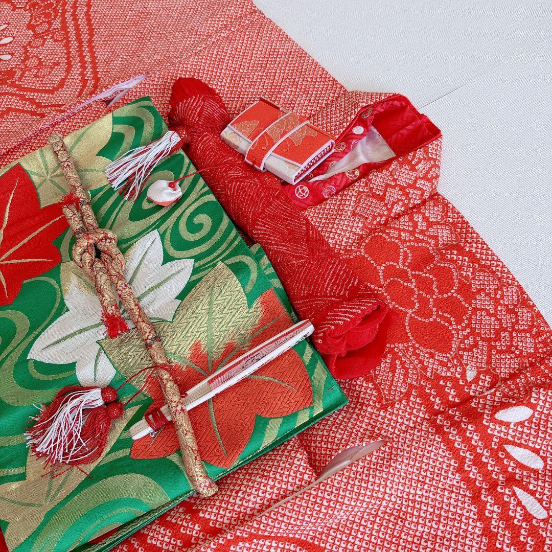 フルセット　七五三　7歳女の子　しぼり柄　金プリント　金糸　緑袋帯　流水7068