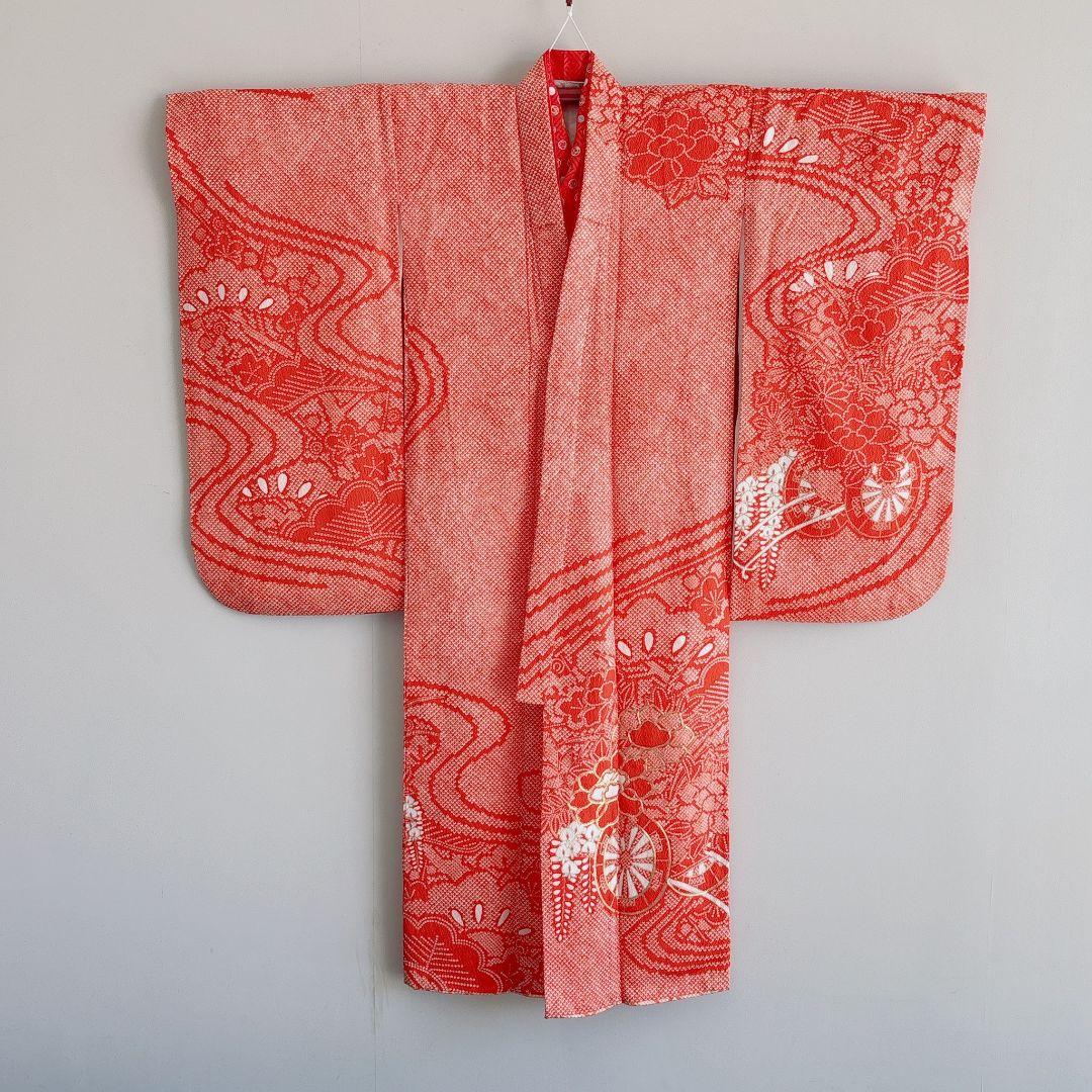 フルセット　七五三　7歳女の子　しぼり柄　金プリント　金糸　緑袋帯　流水7068