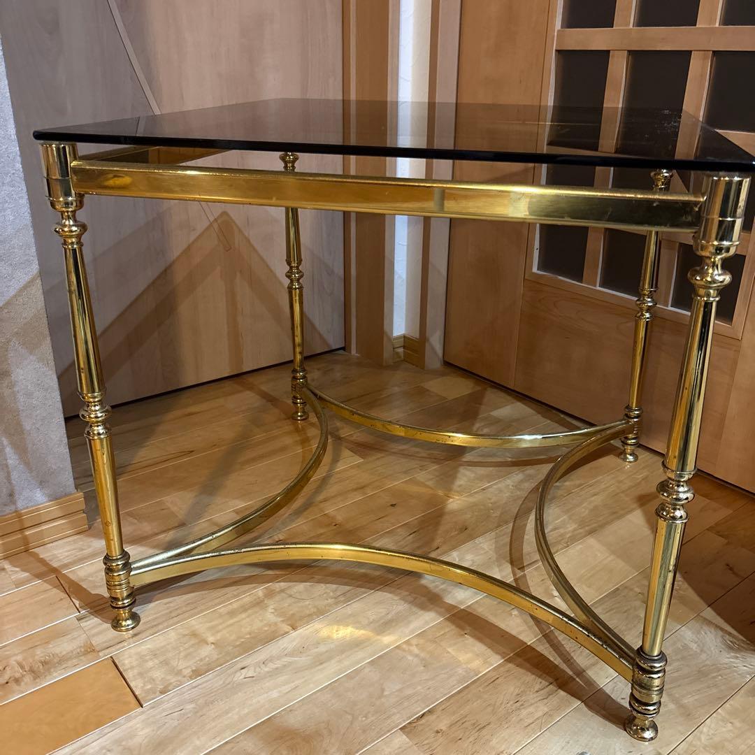 黒透明ガラス天板のサイドテーブル　アンティーク