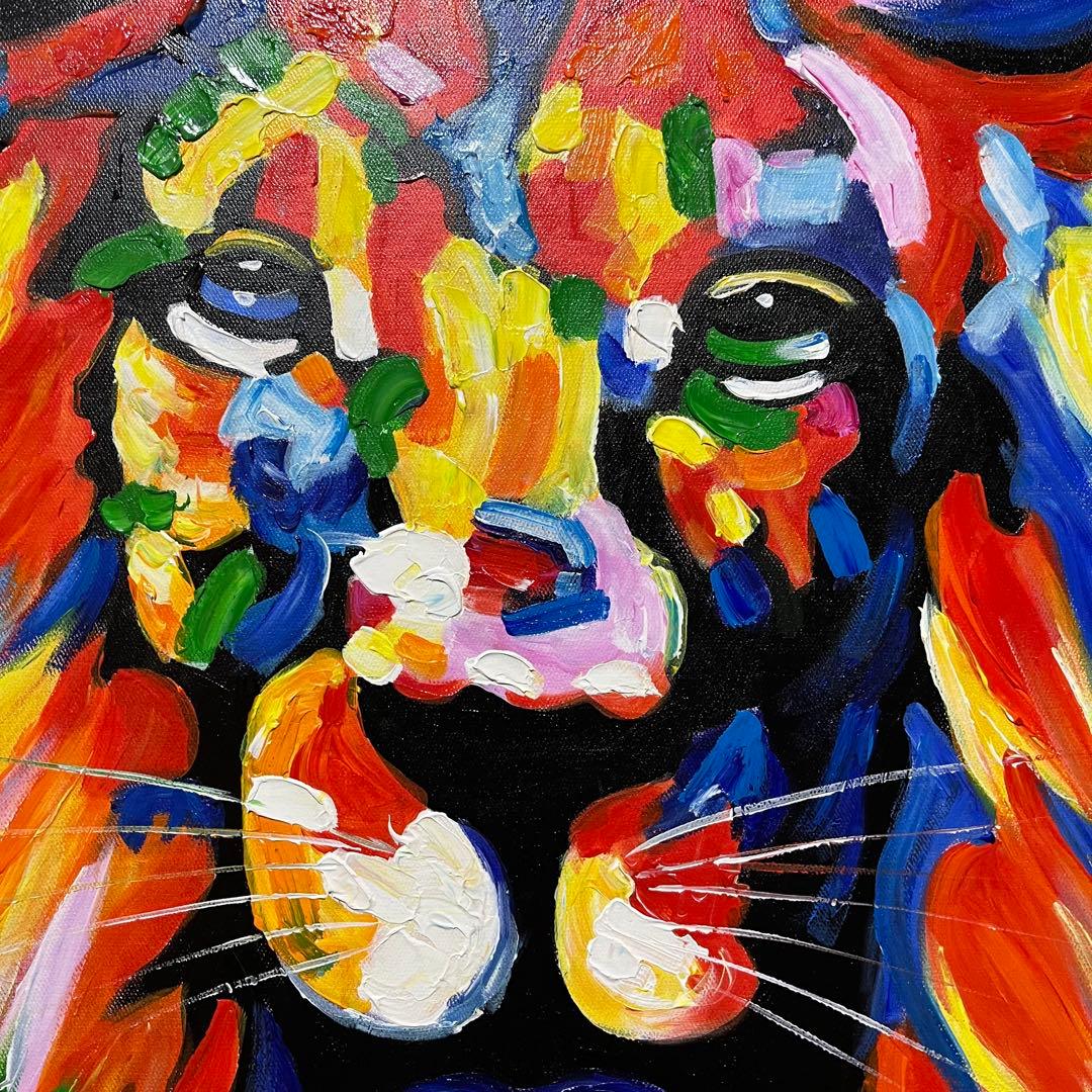 手書き油絵 七色のライオン 額付 肉筆絵画 インテリア 油彩画