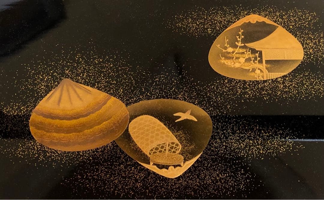 《R》黒塗縁金 梨地 源氏香貝蒔絵 手付盆 大小 入れ子 251225か3