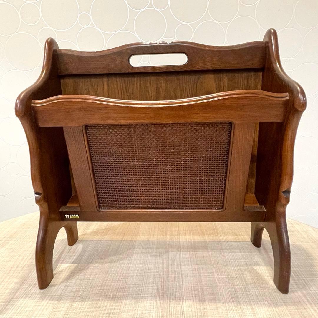 オールドカリモク】木製 マガジンラック 籐編み 昭和レトロ