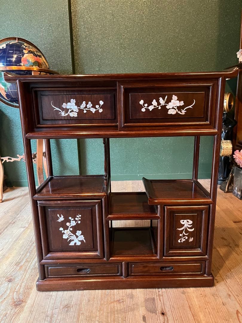 ジョンジョン＊螺鈿 紫檀 茶箪笥 飾り棚 小ぶり 違い棚 和風 昭和レトロ