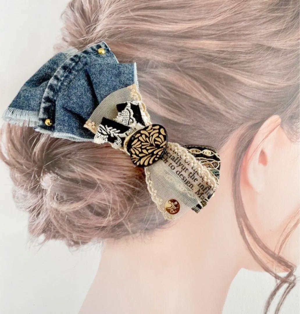 no.117 新作✩.*˚デニム×モダン柄しっかり留まるくちばしクリップ✩.＊・