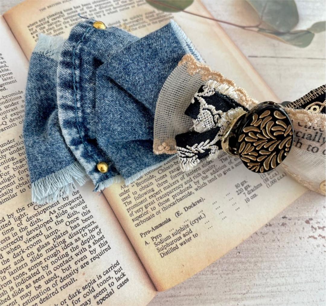 no.117 新作✩.*˚デニム×モダン柄しっかり留まるくちばしクリップ✩.＊・