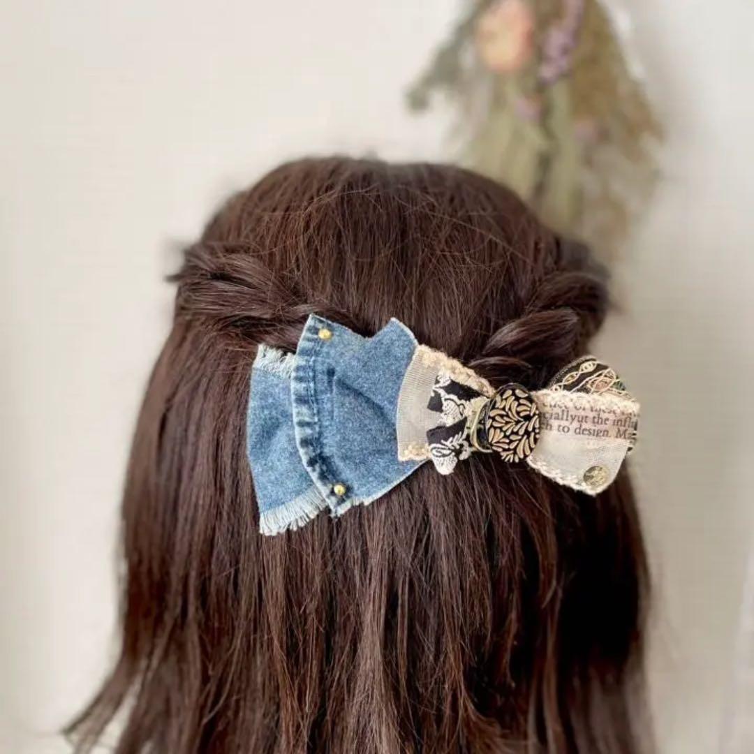 no.117 新作✩.*˚デニム×モダン柄しっかり留まるくちばしクリップ✩.＊・