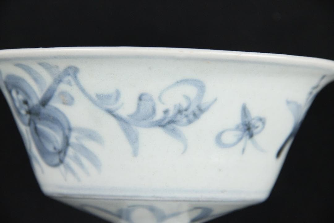 中国美術　清代　青花福字紋高足碗　供器　仏教祭器　花卉蝶文 陶磁 ESM12-7