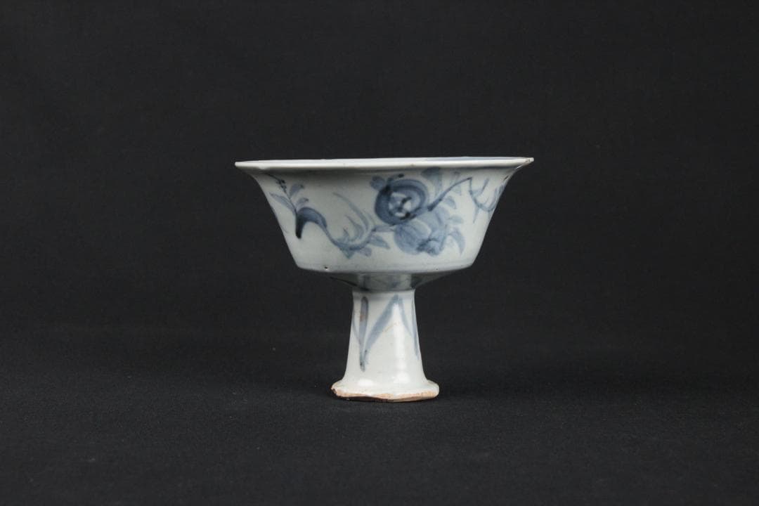 中国美術　清代　青花福字紋高足碗　供器　仏教祭器　花卉蝶文 陶磁 ESM12-7