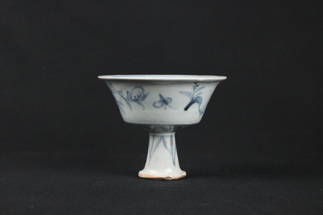 中国美術　清代　青花福字紋高足碗　供器　仏教祭器　花卉蝶文 陶磁 ESM12-7