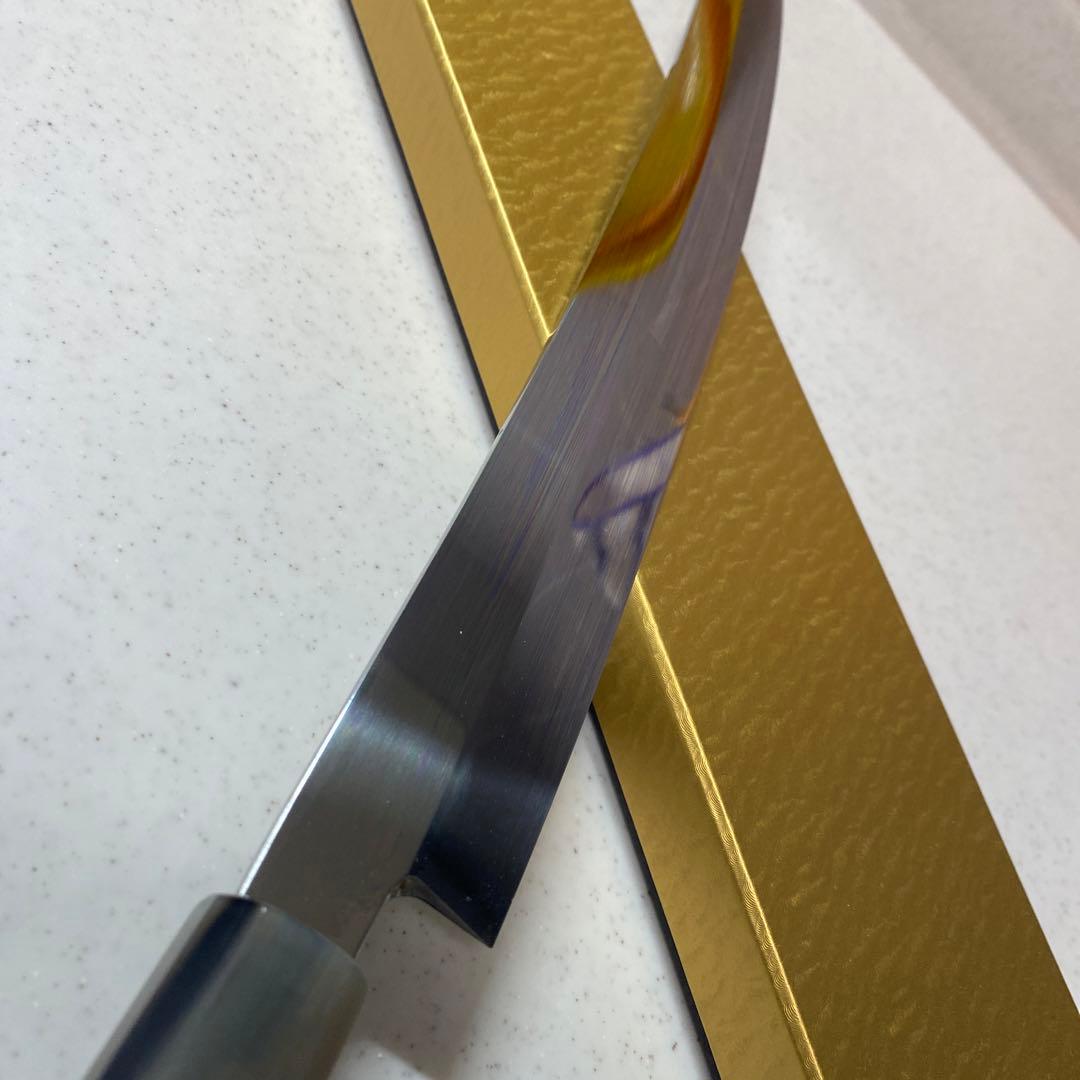 本焼包丁　城山刃物　切付柳刃超鋼スーパー本焼き包丁全鏡面　反り付き