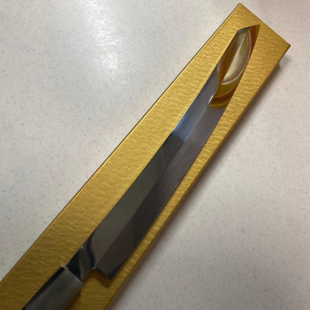 本焼包丁　城山刃物　切付柳刃超鋼スーパー本焼き包丁全鏡面　反り付き