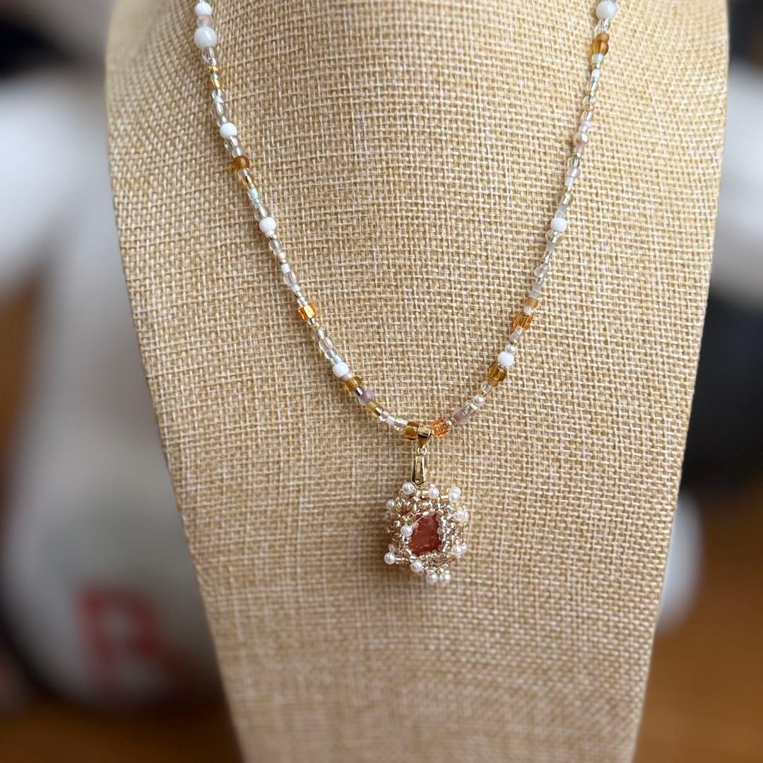 天然メノウとビーズとパールのネックレス・ペンダント