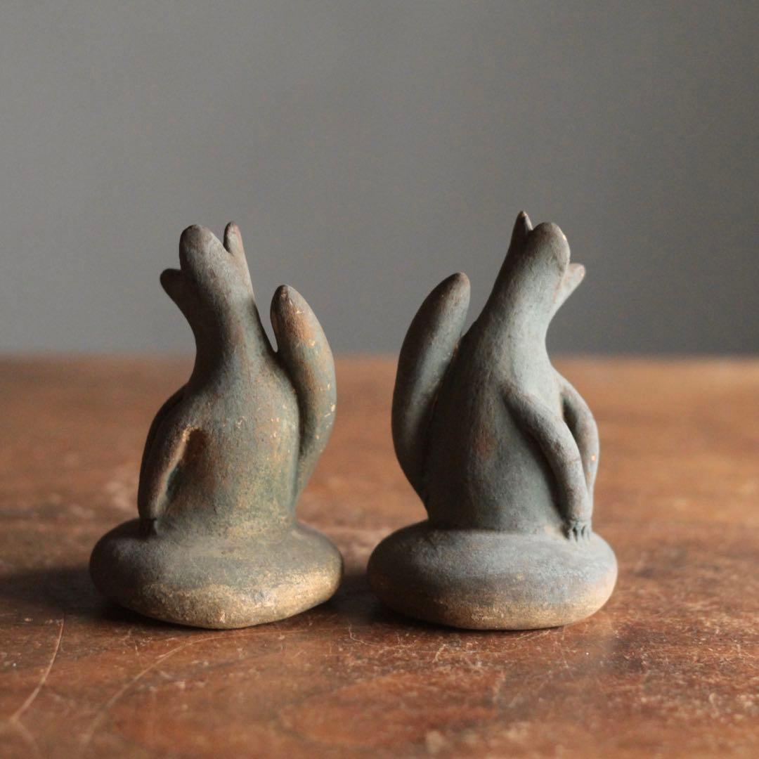 古い 土人形 お稲荷さん 一対 御狐様 民芸 民間信仰 古道具 オブジェ