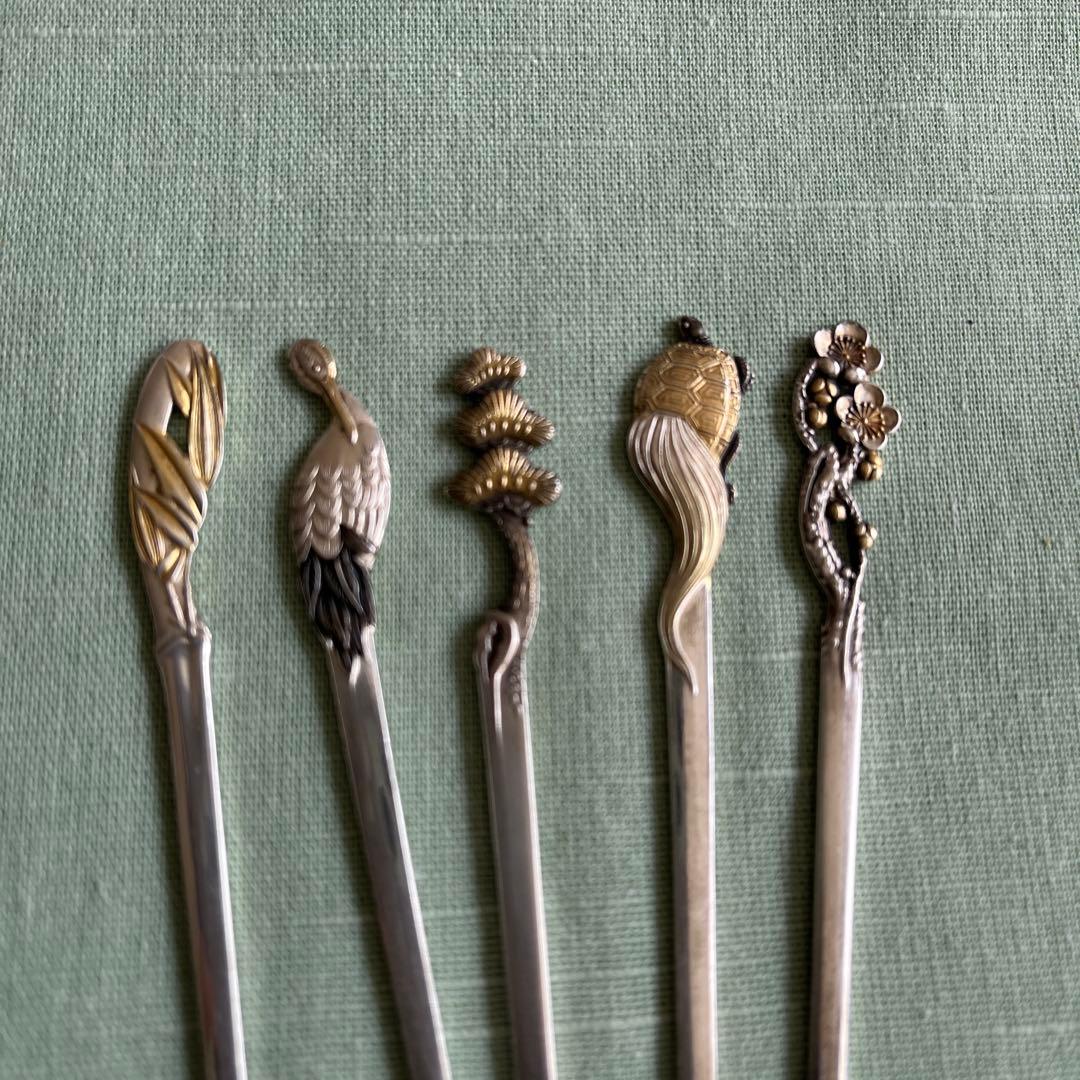 銀製菓子楊枝5本セット松竹梅鶴亀