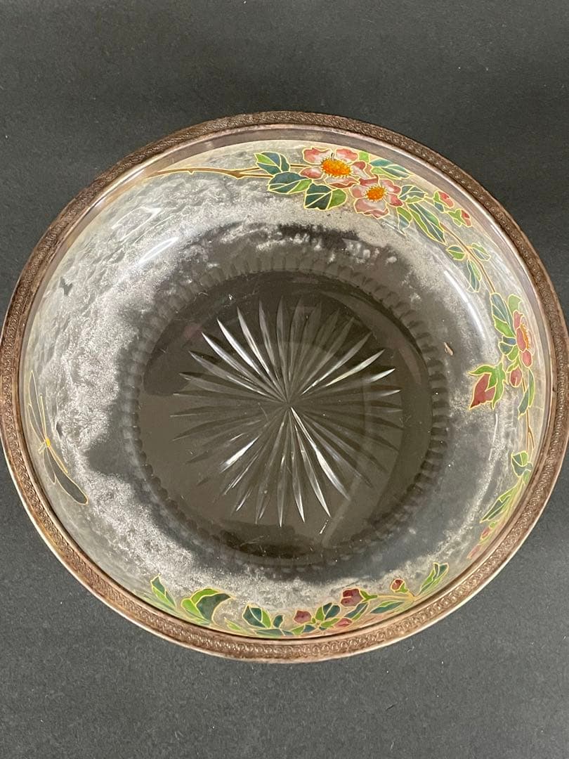 アンティークバカラ　シャルル・ヴィジェエナメル彩林檎花飛蝶紋大飾鉢