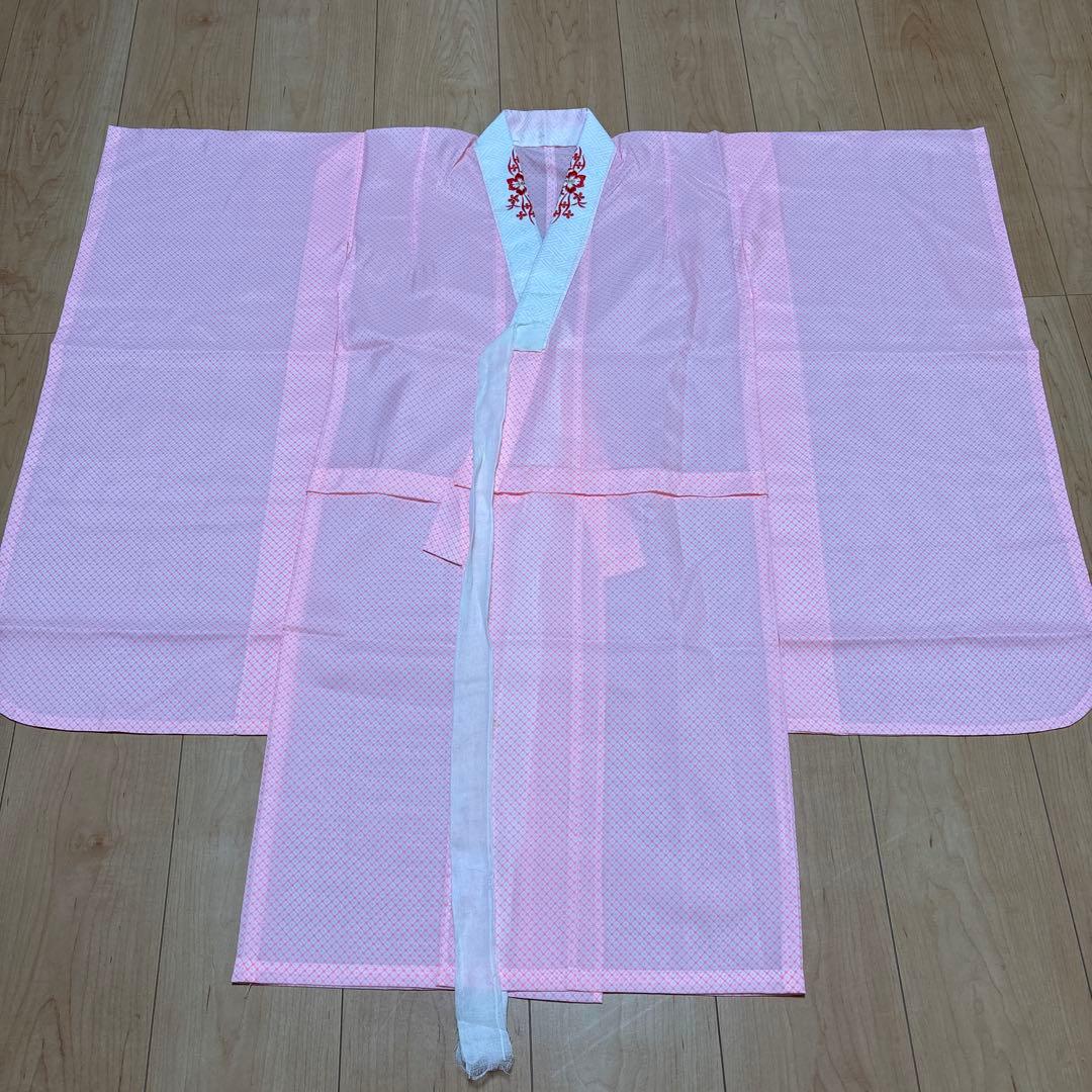 167 絞り　正絹　朱色×刺繍　疋田　着物+長襦袢　7歳　七五三　四つ身