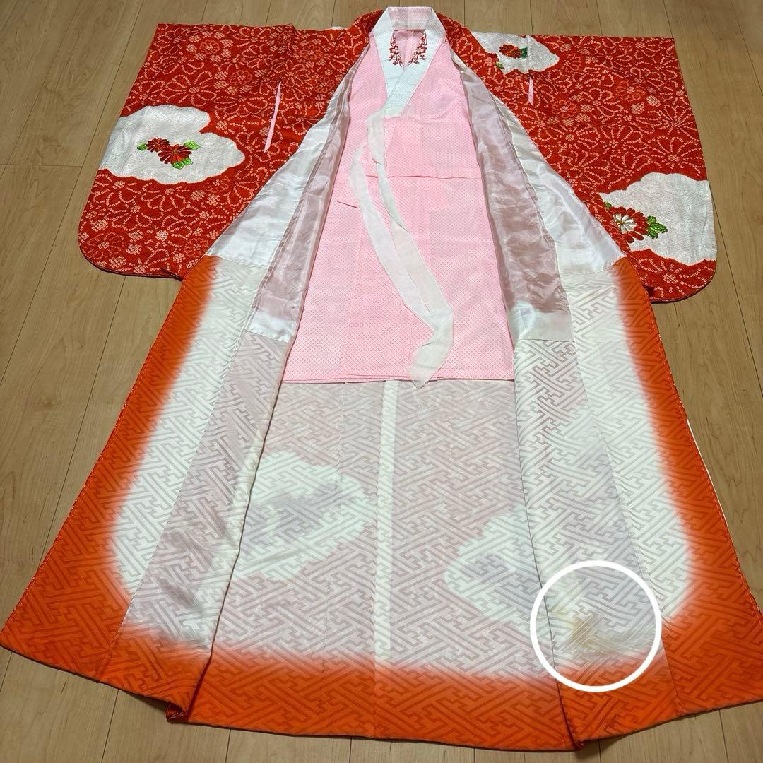 167 絞り　正絹　朱色×刺繍　疋田　着物+長襦袢　7歳　七五三　四つ身