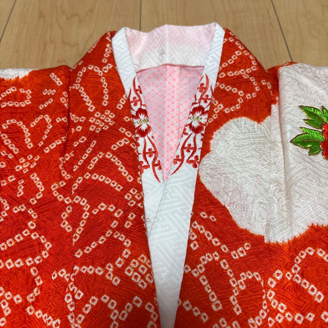 167 絞り　正絹　朱色×刺繍　疋田　着物+長襦袢　7歳　七五三　四つ身