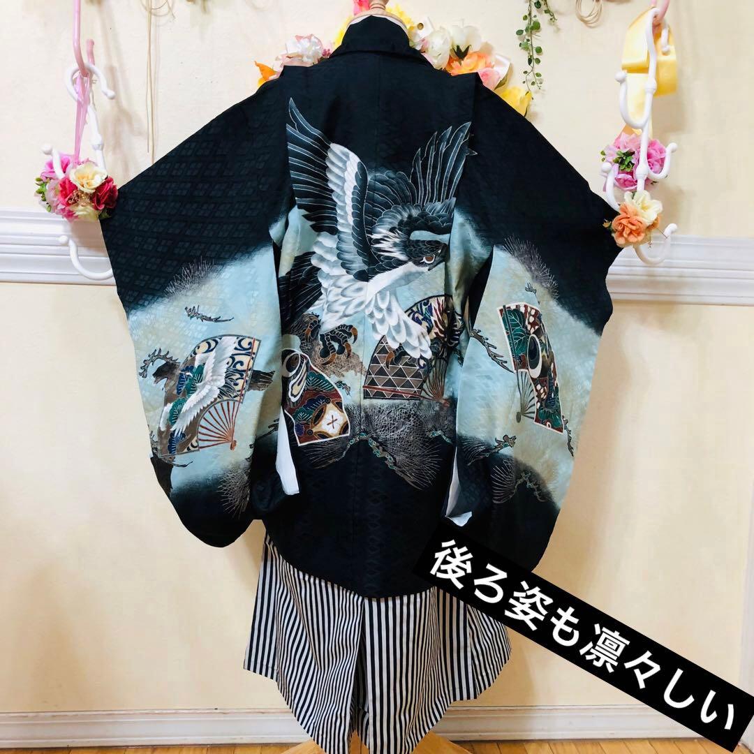 七五三５歳完全フルセット‼️豪華黒地系鷹金彩煌びやか⭐︎袴縞スタイルアップ人気銘品