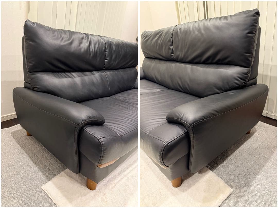 み*ん様 【O-2122】3人掛けソファ レザー 黒 インテリア 合革