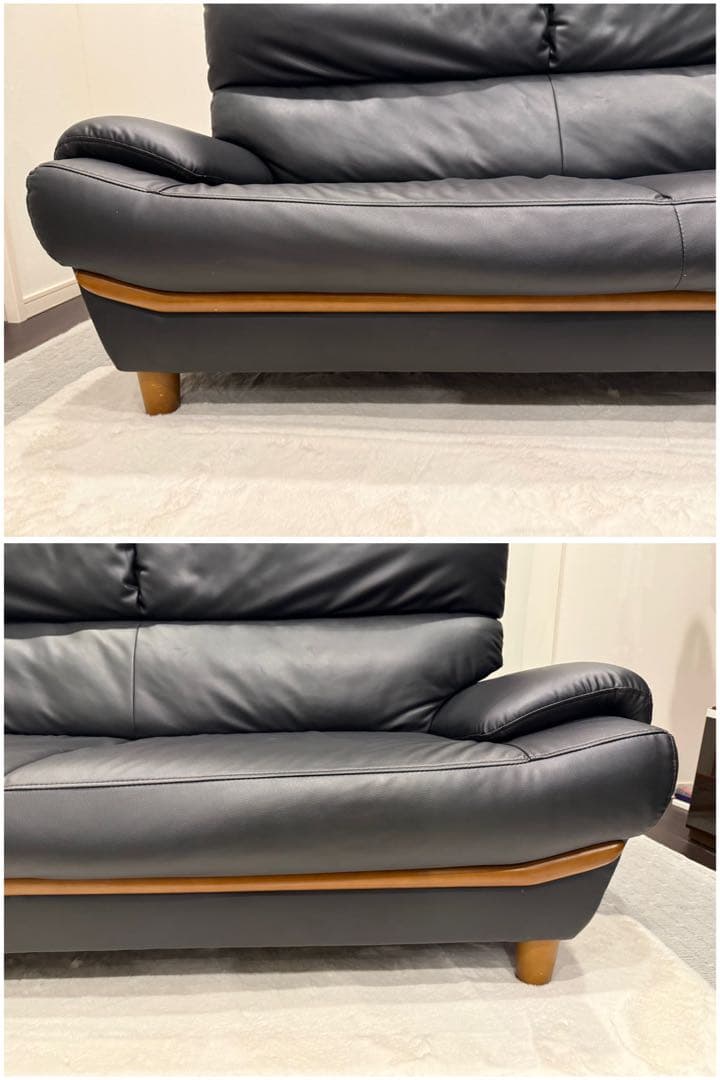 み*ん様 【O-2122】3人掛けソファ レザー 黒 インテリア 合革