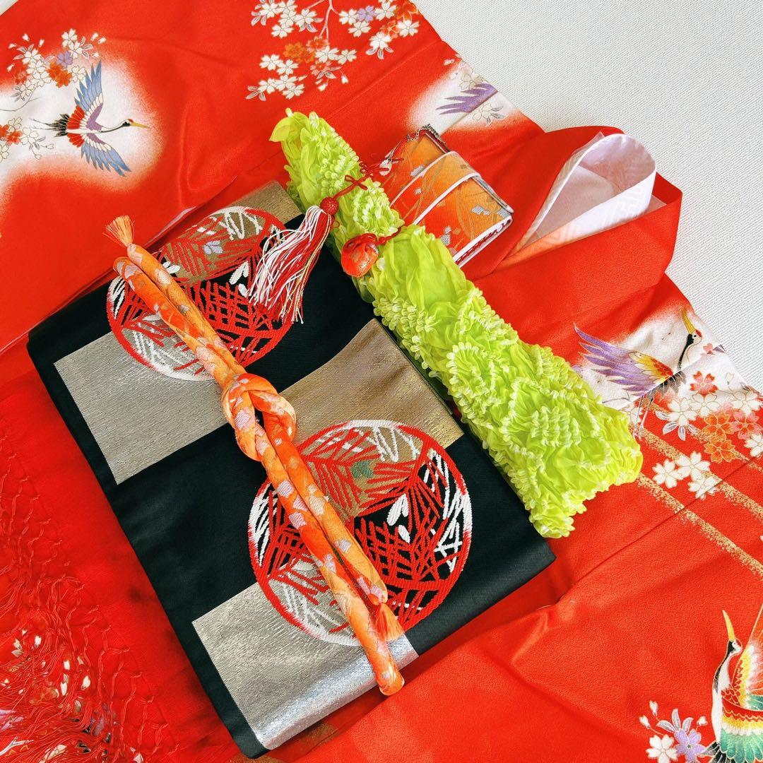 フルセット　七五三　７歳女の子　着物＆帯＆簡単半衿＆小物セット　オレンジ　鶴